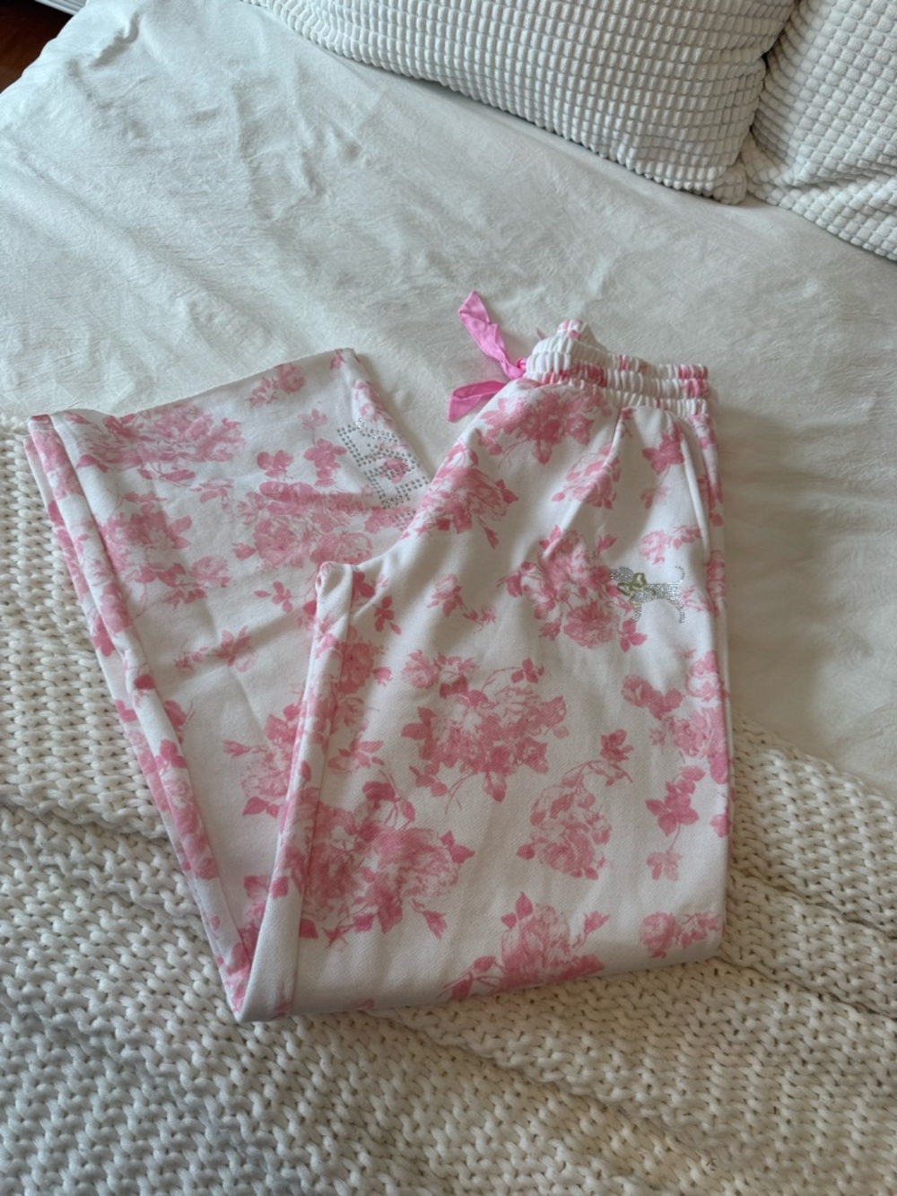 LoveShackFancy x PINK Victoria's Secret White Joggers with Pink Floral Print